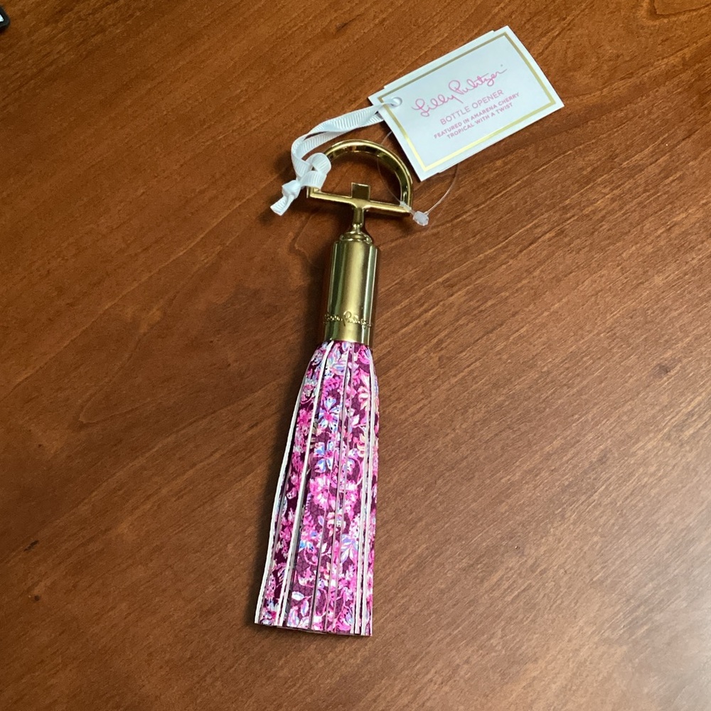 Lilly Pulitzer Amarena Cherry Tropical Pink Floral Tassel Gold Bottle Opener